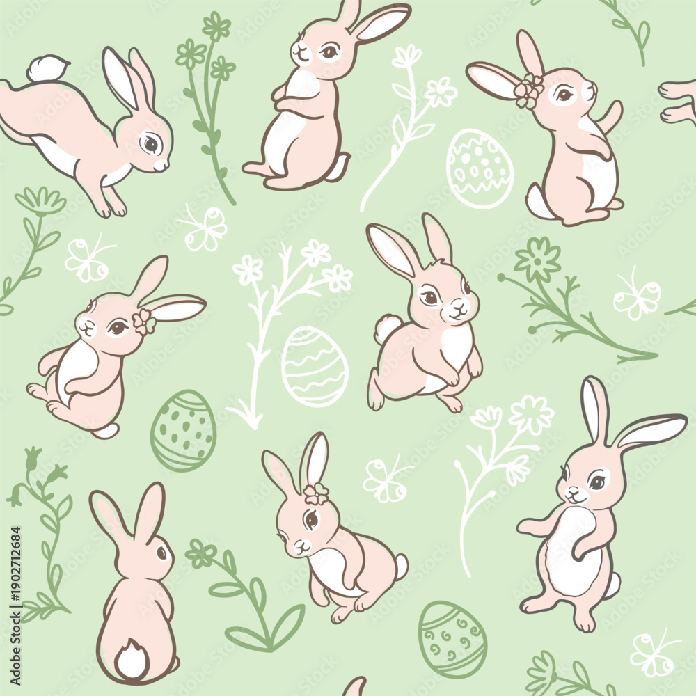 Fototapeta premium Seamless Vector Easter Pattern With Cute Bunnies, Flowers And Easter Eggs. Hand Drawn Pastel Repeating Background Perfect For Wrapping Paper, Fabric, Kids And Holiday Designs