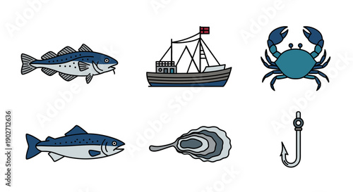 A collection of marine life and fishing elements, including fish, crab, boat, oyster, and hook, illustrated in a simple graphic style on a plain background from a straightforward viewpoint.
