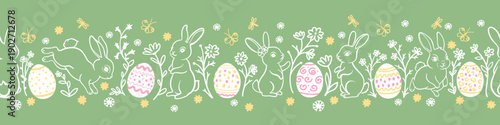 Seamless Vector Easter Border Pattern With Bunnies, Eggs And Flowers. Hand Drawn Decorative Repeating Design Perfect For Borders, Packaging, Fabric, Scrapbooking And Holiday Decor