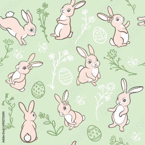 Seamless Vector Easter Pattern With Cute Bunnies, Flowers And Easter Eggs. Hand Drawn Pastel Repeating Background Perfect For Wrapping Paper, Fabric, Kids And Holiday Designs