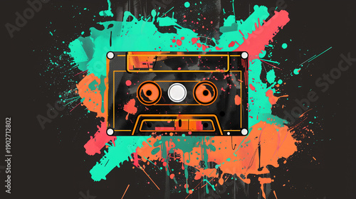 Retro audio cassette tape with vibrant neon paint splashes, creative drip art style on dark background, 80s and 90s nostalgia music concept, colorful artistic pop art