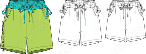 High waisted athletic shorts technical fashion flat sketch with elastic drawstring waistband and side pockets cad drawing flat vector illustration