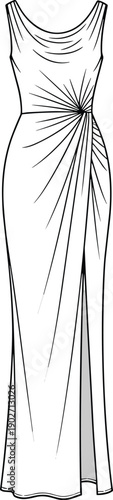 Elegant sleeveless cowl neck evening gown technical fashion flat sketch with side slit and gathered waist cad drawing flat vector illustration