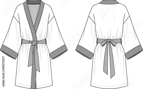 Women kimono bath robe technical fashion flat sketch with waist tie belt long sleeves and contrast trim cad drawing flat vector illustration