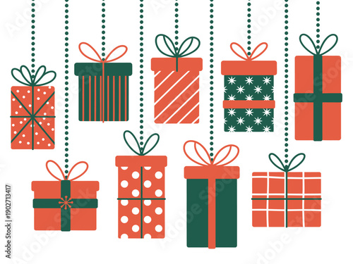 A colorful illustration of hanging Christmas presents in various patterns and designs.