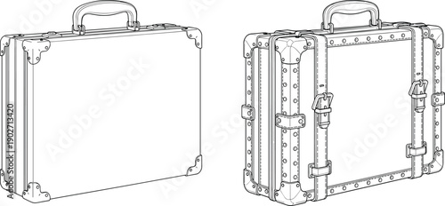 Vintage hard shell suitcase technical fashion flat sketch with reinforced corners buckle straps and top handle cad drawing flat vector illustration