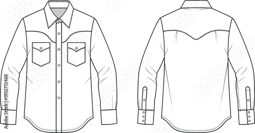 Long sleeve western denim shirt technical fashion flat sketch with pointed yoke chest pockets and snap buttons cad drawing flat vector illustration