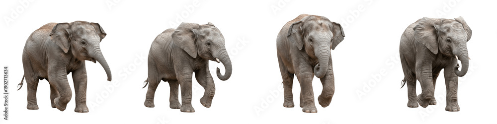 Obraz premium Set and Collection of Realistic African Elephants, Walking Wild Elephant Bundle with Detailed Skin Texture and Trunk Poses, Isolated on White Transparent PNG Background