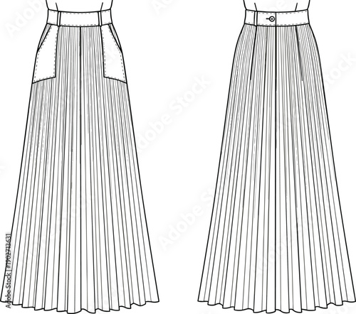 High waisted pleated maxi skirt technical fashion flat sketch with side pockets and button closure cad drawing flat vector illustration