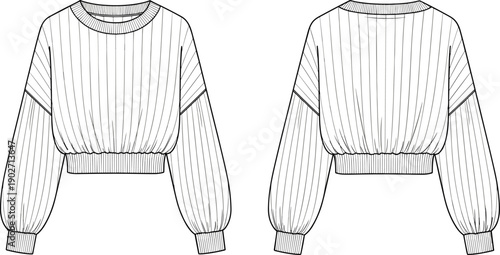 Technical fashion flat sketch of a womens denim skirt belted trench coat winter puffer jacket and hoodie cad drawing flat vector illustration