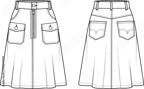 Technical fashion flat sketch of a womens denim skirt belted trench coat and raglan hoodie cad drawing flat vector illustration
