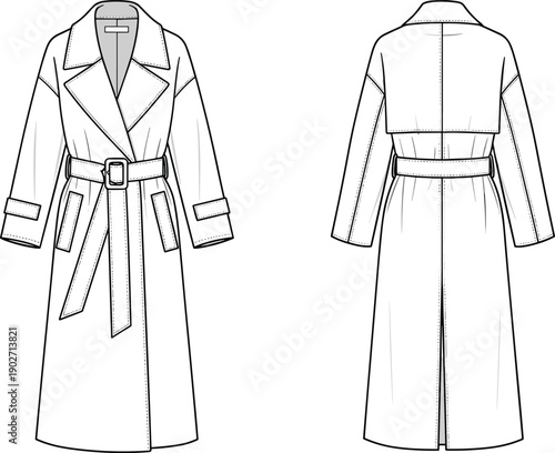 Technical fashion flat sketch of a womens belted trench coat and raglan hoodie sweatshirt cad drawing flat vector illustration template