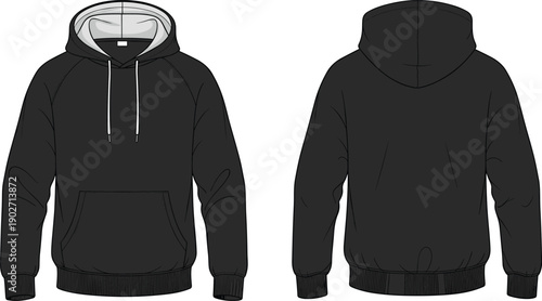 Technical fashion flat sketch of a black raglan hoodie sweatshirt front and back view cad drawing flat vector illustration template
