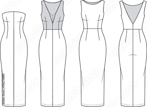 Technical fashion flat sketch of a womens elegant evening dress collection featuring strapless v-neck and sleeveless styles in vector cad
