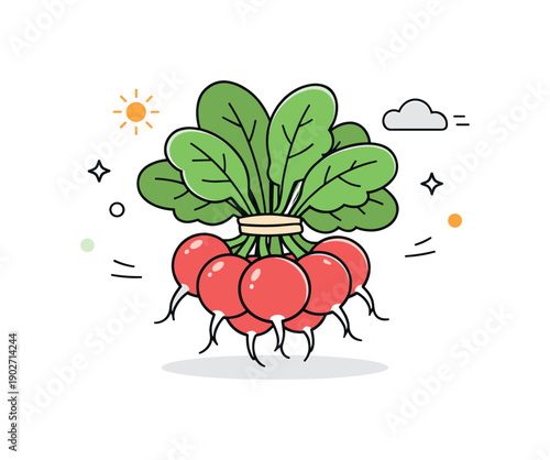 Radish bunch. A minimal harvest scene featuring a radish bunch as the central focus, surrounded by generous white space. The mood is fresh,