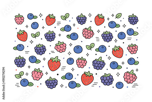 Berry flat lay pattern. Repeating arrangement of fresh berries forming a light decorative composition. Modern stock illustration with calm