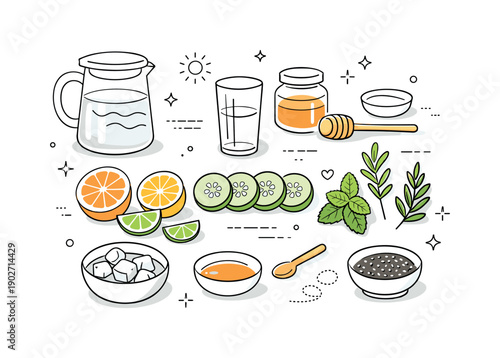 Healthy spring drink concept. Assorted ingredients such as citrus fruits, cucumber slices and herbs neatly laid out, ready for mixing. Clean
