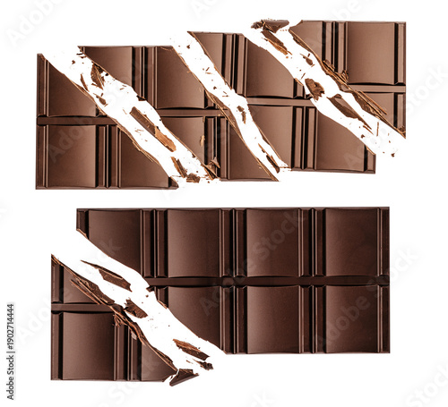 Broken dark chocolate bar with dramatic cracks and fragments, isolated. Chocolate pieces with sharp edges and crumbs. Concept of dessert, cocoa product, confectionery, stress