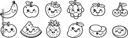 Cheeky Fruits Line Art Icons Set – Cute Cartoon Fruit Characters, Black Outline, Banana, Apple, Strawberry, Pineapple, Kiwi