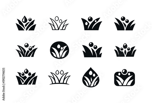 Morning Dew. Icon set. Set Logo of Morning Dew: grass with morning drops. harmonious logo variations of the same emblematic concept, each