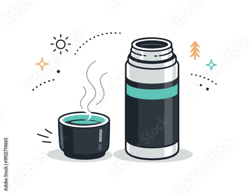 Flask and Comfort. Thermal flask and cup. Open flask with a matching cup placed beside it, gentle steam drifting upward, abstract sparkles and dotted lines