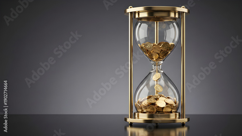 Realistic studio photo of an hourglass filled with falling gold coins representing time is money.