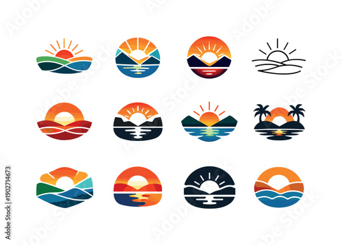 Sunrise and sunset over natural landscapes. Icon set. Set Logo of sunrise and sunset over natural landscapes: abstract horizon