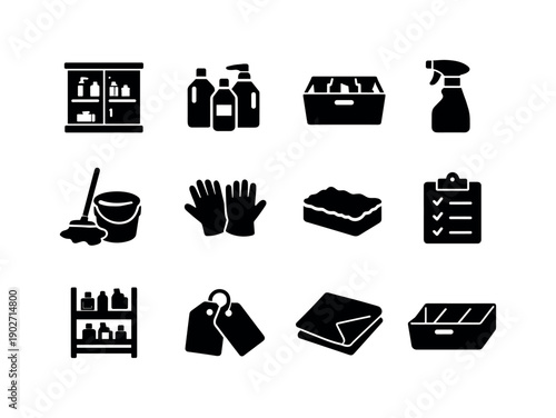 Cleaners Storage Icons. Storage for Cleaners. Solid icon set of Storage for Cleaners: cabinet shelf, labeled bottles, box with dividers, spray container, mop