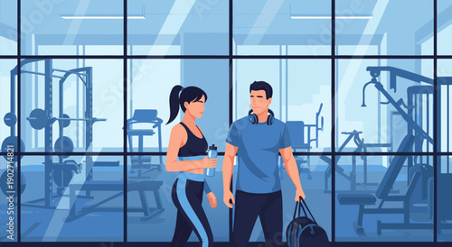 Vector illustration of a man and woman at the gym, Fitness enthusiasts, healthy lifestyle, and exercise