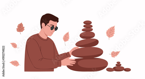 Mindfulness vector illustration of a man building a zen stone tower with fall leaves, representing balance and focus