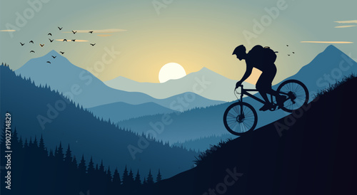 Majestic Mountain Landscape illustration A Silhouette of a Cyclist Ascending a Steep Trail Under a Golden Sunset, Vector Art