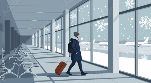 Vector illustration of a person with luggage in an airport during winter, looking out at the snow