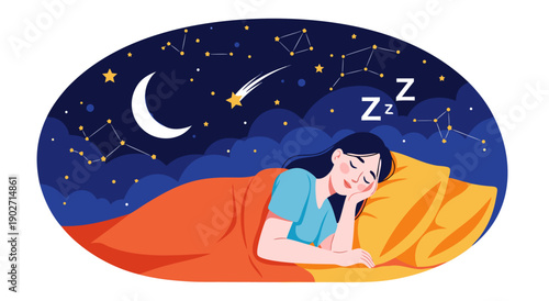 Peaceful Night Sleep A Vector Illustration of a Woman Sleeping Soundly Under a Starry Sky with Moon