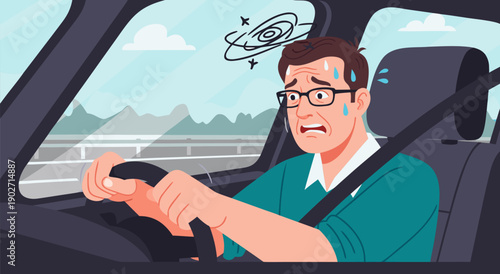 Anxious Man Driving Vector Illustration with Swirling Head and Sweat Drops, Stressful Commute Concept