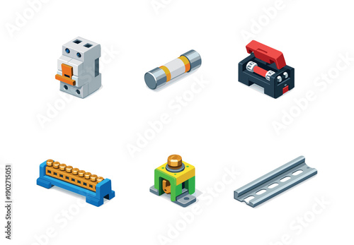Fuse box components. Isometric flat vector icons set of fuse box components: circuit breaker, cartridge fuse, fuse holder, busbar module,