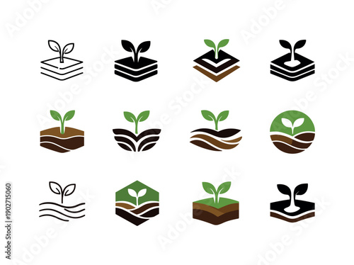 Soil fertility. Icon set. Set Logo of soil fertility: sprouting plant from soil layers. harmonious logo variations of the same emblematic