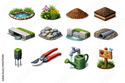 Soil inlet icons stone rain plant curb pipe harvesting water icon dissipater