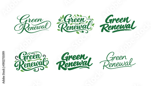 Green Lettering Harmony. Green renewal words. Set lettering. harmonious lettering variations of the same emblematic concept, each with different artistic
