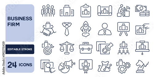 Set of 24 line icons related to business firm, Editable stroke. Vector illustration
