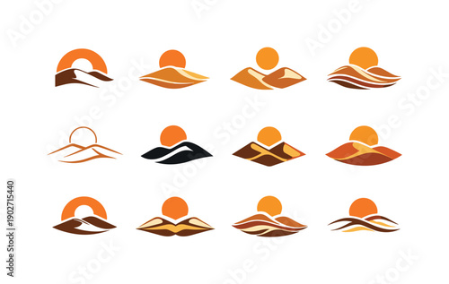 Desert dunes. Icon set. Set Logo of desert dunes: dune with sun disc. harmonious logo variations of the same emblematic concept, each with