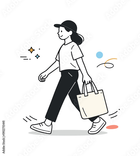 Canvas tote bag. Person holding a canvas tote bag while walking, simple figure and gentle movement. Sense of casual daily routine and