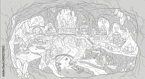 Detailed Underground Crystal City with River and Stone Bridges Coloring Page