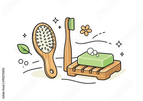 Eco Bath Essentials. Eco-friendly bath essentials. Group of wooden accessories like hairbrush, toothbrush, and soap holder placed together with soft organic