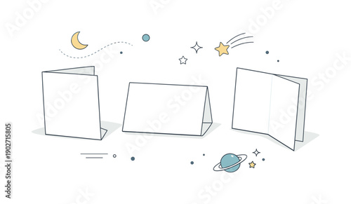 Greeting cards blank. A minimalist scene with blank greeting cards, some slightly open, combined with floating abstract elements suggesting