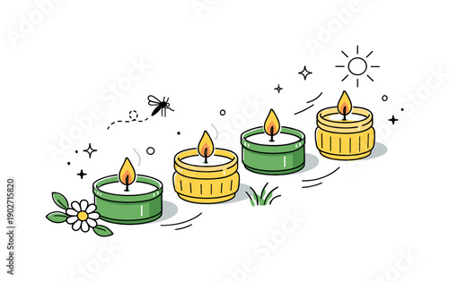 Outdoor candle decor. Citronella candles placed diagonally for gentle visual movement. Fresh seasonal vibe, clean editorial presentation.