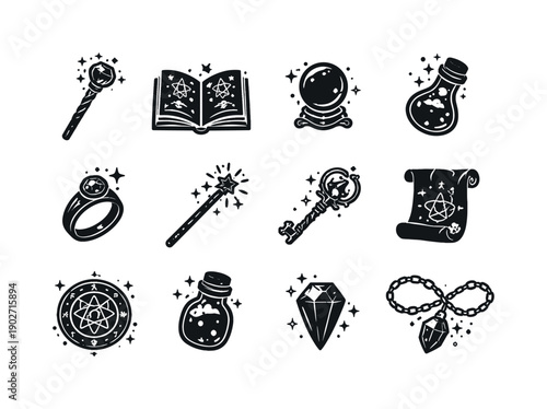 Wizard Artifact Icons. Wizard Artifacts. Solid icon set of Wizard Artifacts: magic staff, open spellbook, crystal ball, alchemy vial, enchanted ring, wand,