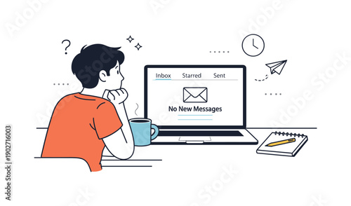 Waiting for email response. An editorial-style scene of a person glancing at an inbox with no new messages, posture relaxed but attentive.