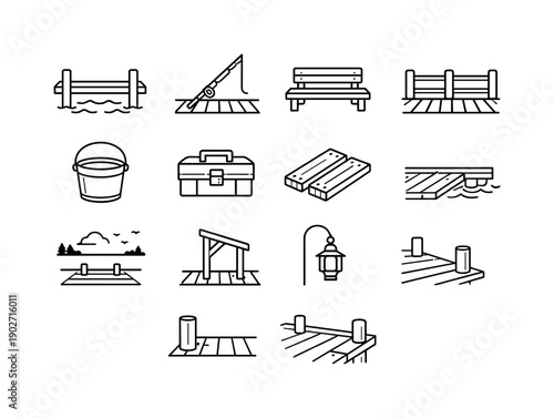 Fishing dock. Line icon set of Fishing dock: dock fishing spot, fishing rod on dock, dock bench, dock railing, dock bucket, dock tackle box,