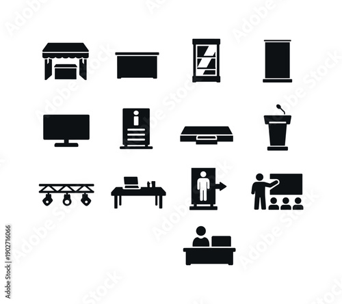 Trade Show Icons. Trade Show Display. Solid icon set of Trade Show Display: expo booth, display counter, product showcase, promotional banner, LED screen,