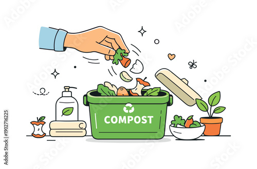 Eco-Friendly Kitchen Routine. Eco kitchen routine. A hand placing food scraps into a compost bin, slow and careful movement. Friendly sustainability scene with